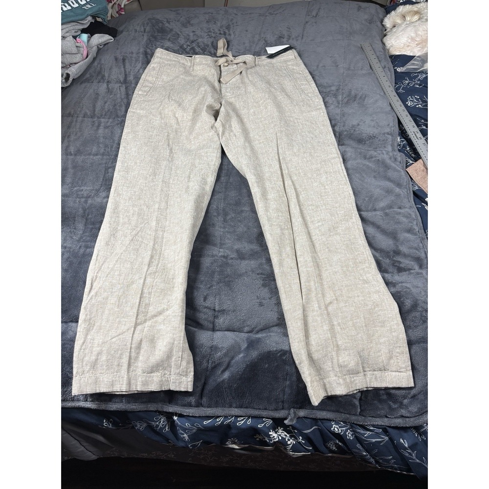 NWT Perry Ellis Drawstring Button Fly Linen Blend Pants Beige Men's Sz 36x29.5